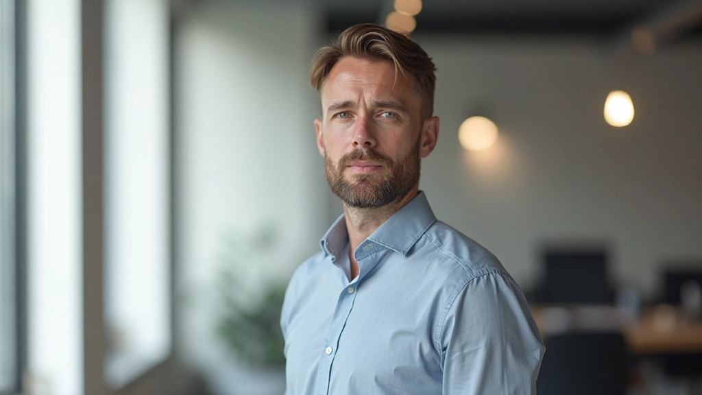 Man staat rechtop met zelfverzekerde houding in een helder kantoorinterieur met ramen op de achtergrond