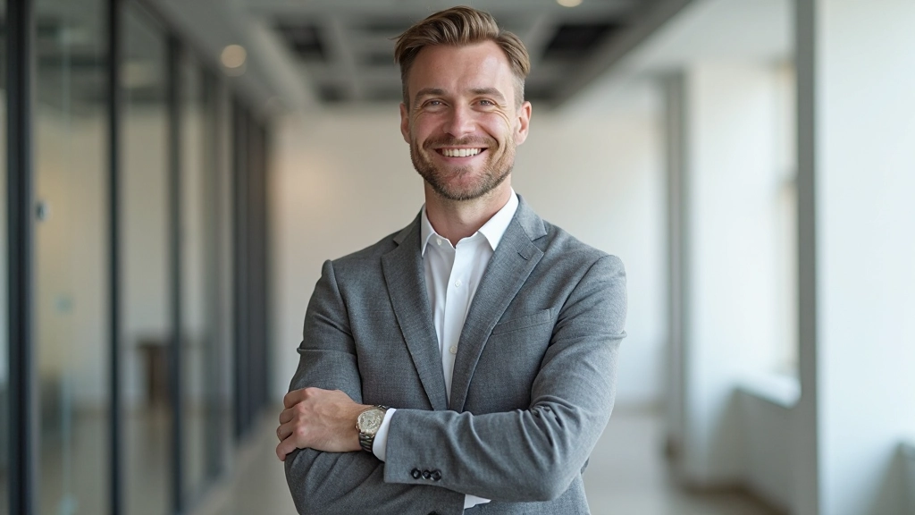 Man staat zelfverzekerd met gekruiste armen in moderne kantooromgeving