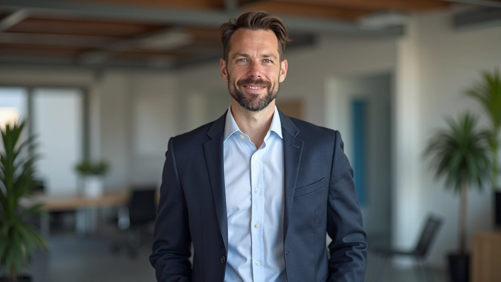 Man sprekend in een professionele setting, met open lichaamstaal en zelfverzekerde houding, kantooromgeving