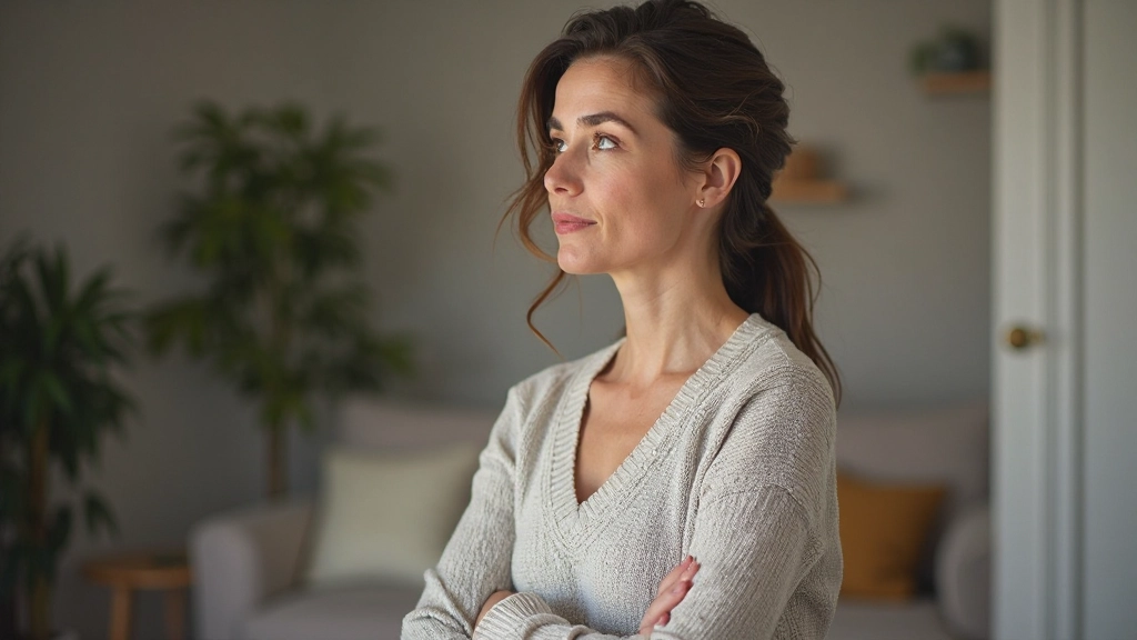 Vrouw in comfortabele trui kijkt nadenkend weg in een gezellige woonkamer