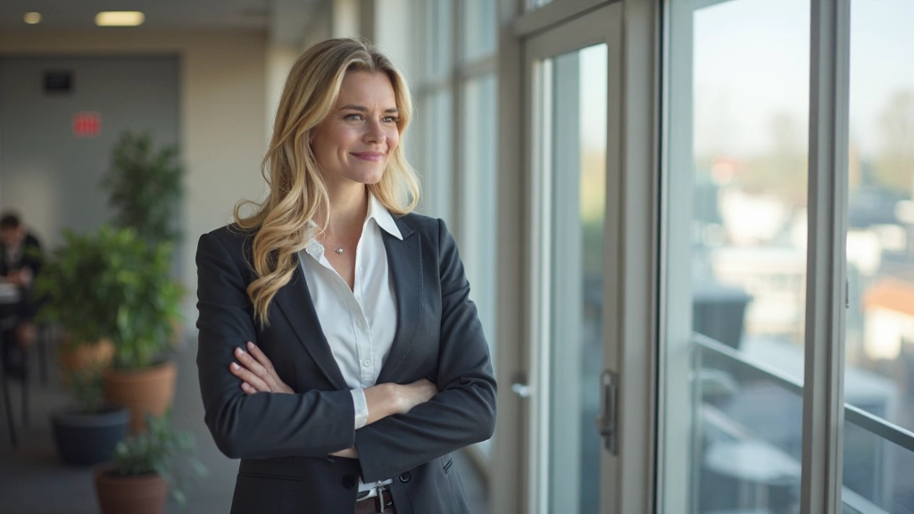 Professionele vrouw in modern kantoor, zelfvertrouwen en vastberadenheid uitstraling, positieve energie