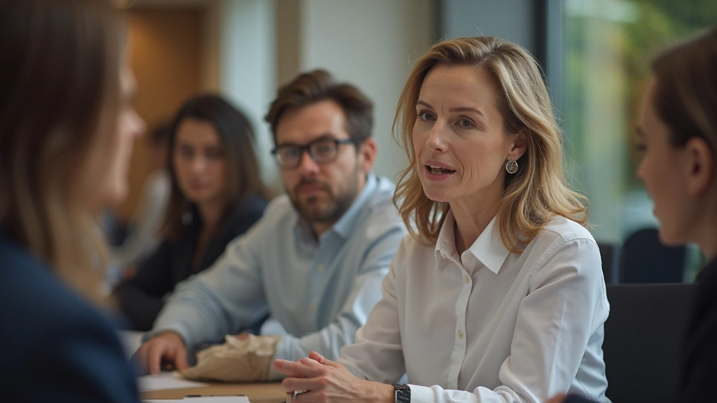 Vrouw in profiel spreekt tijdens een bijeenkomst met collega's die naar haar luisteren