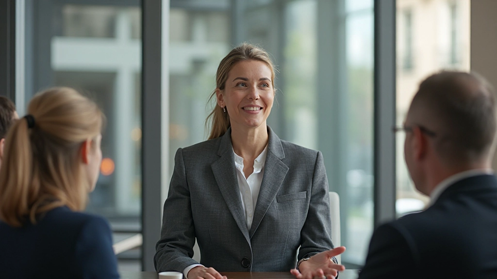 Professional vrouw aan het spreken in een vergaderingskamer, collega's luisteren aandachtig, zelfvertrouwen uitstraling